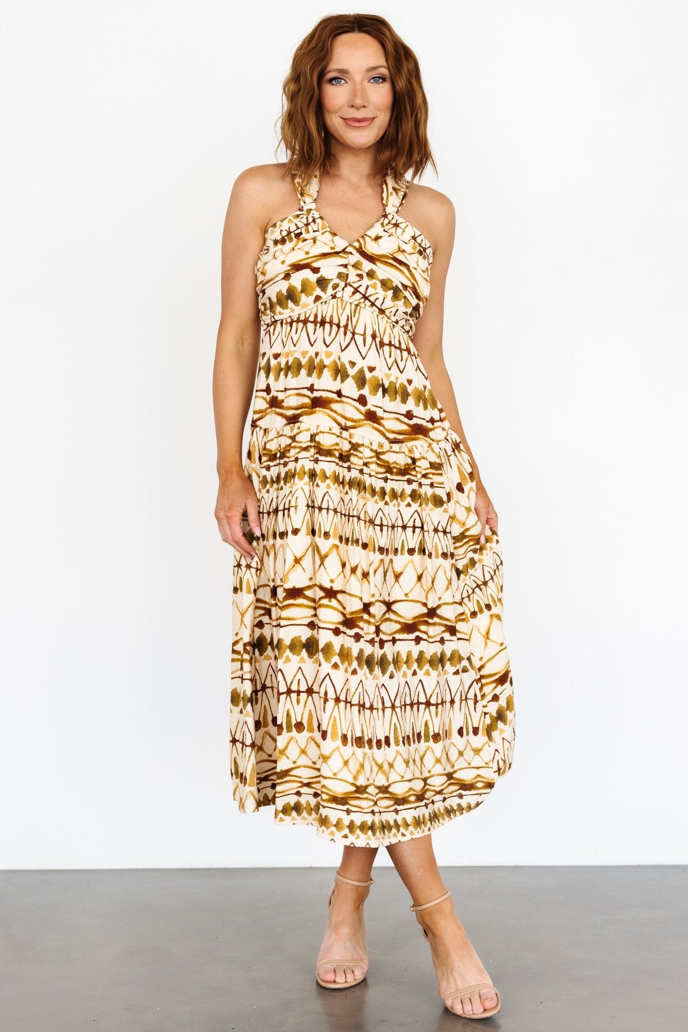 Seraphina Open Back Midi Dress | Tan Multi Seraphina Open Back Midi Dress | Tan Multi