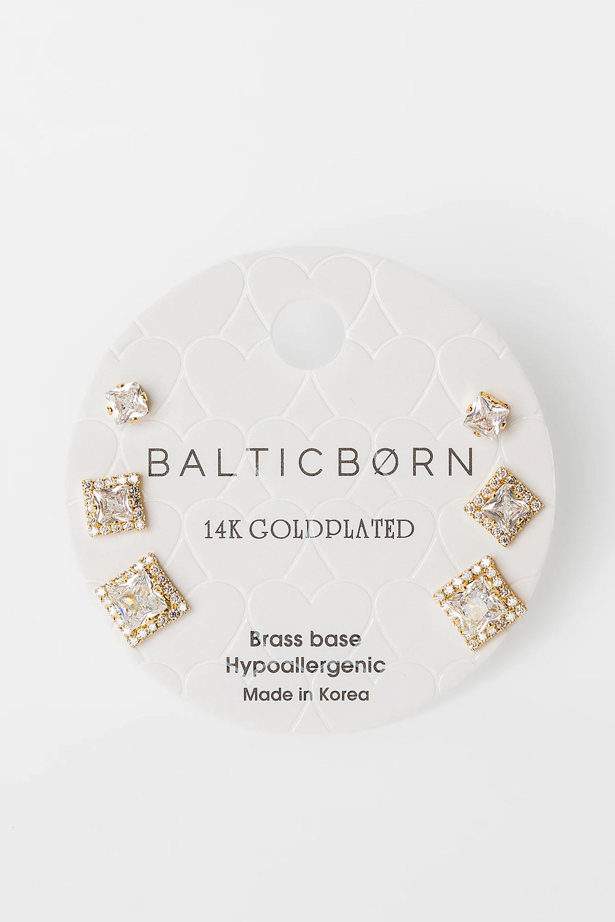 Shaylee Stud Earring Set in Gold with three stud pairs in solitaire and halo designs.