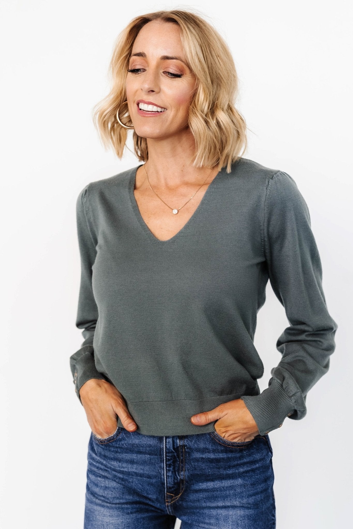 Sheila V Neck Sweater Top | Winter Green - Baltic Born