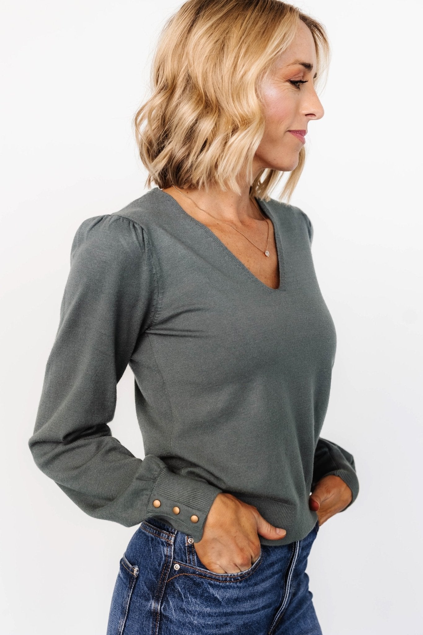 Sheila V Neck Sweater Top | Winter Green - Baltic Born