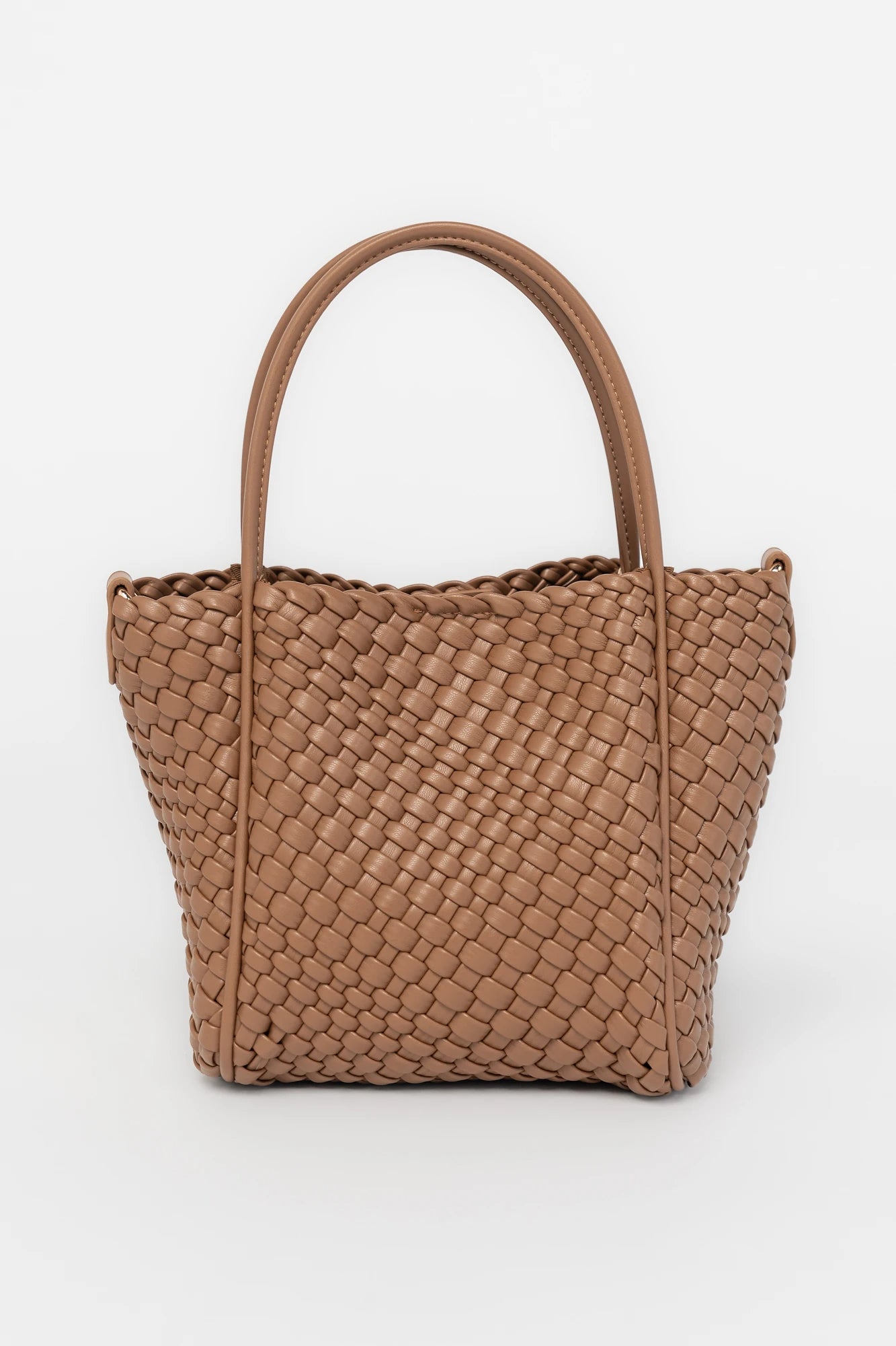 Simone Woven Tote Bag in Cognac with removable shoulder straps, matching coin pouch, button closures, and convertible shape.