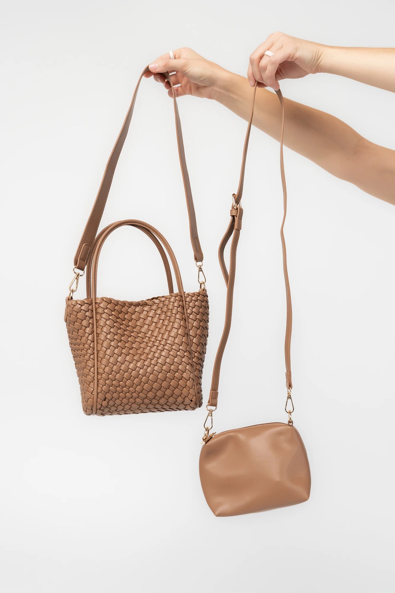 Simone Woven Tote Bag in Cognac with removable shoulder straps, matching coin pouch, button closures, and convertible shape.