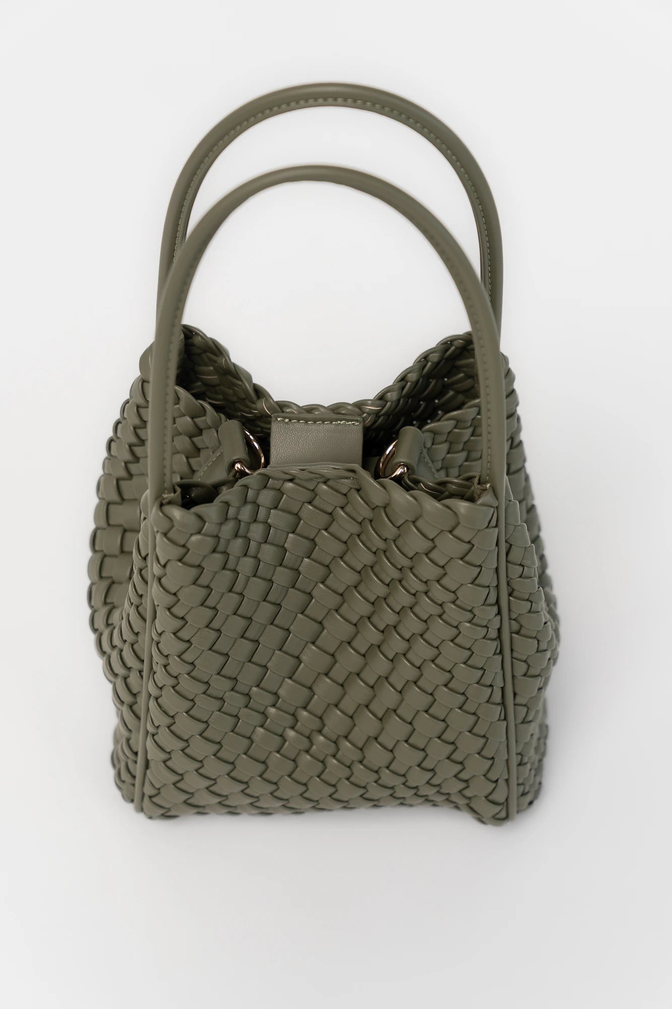 Simone Woven Tote Bag in Dark Olive with removable shoulder straps, matching coin pouch, button closures, and convertible shape.