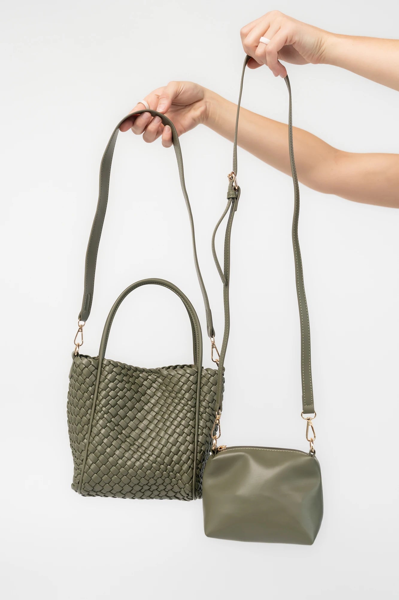 Simone Woven Tote Bag in Dark Olive with removable shoulder straps, matching coin pouch, button closures, and convertible shape.