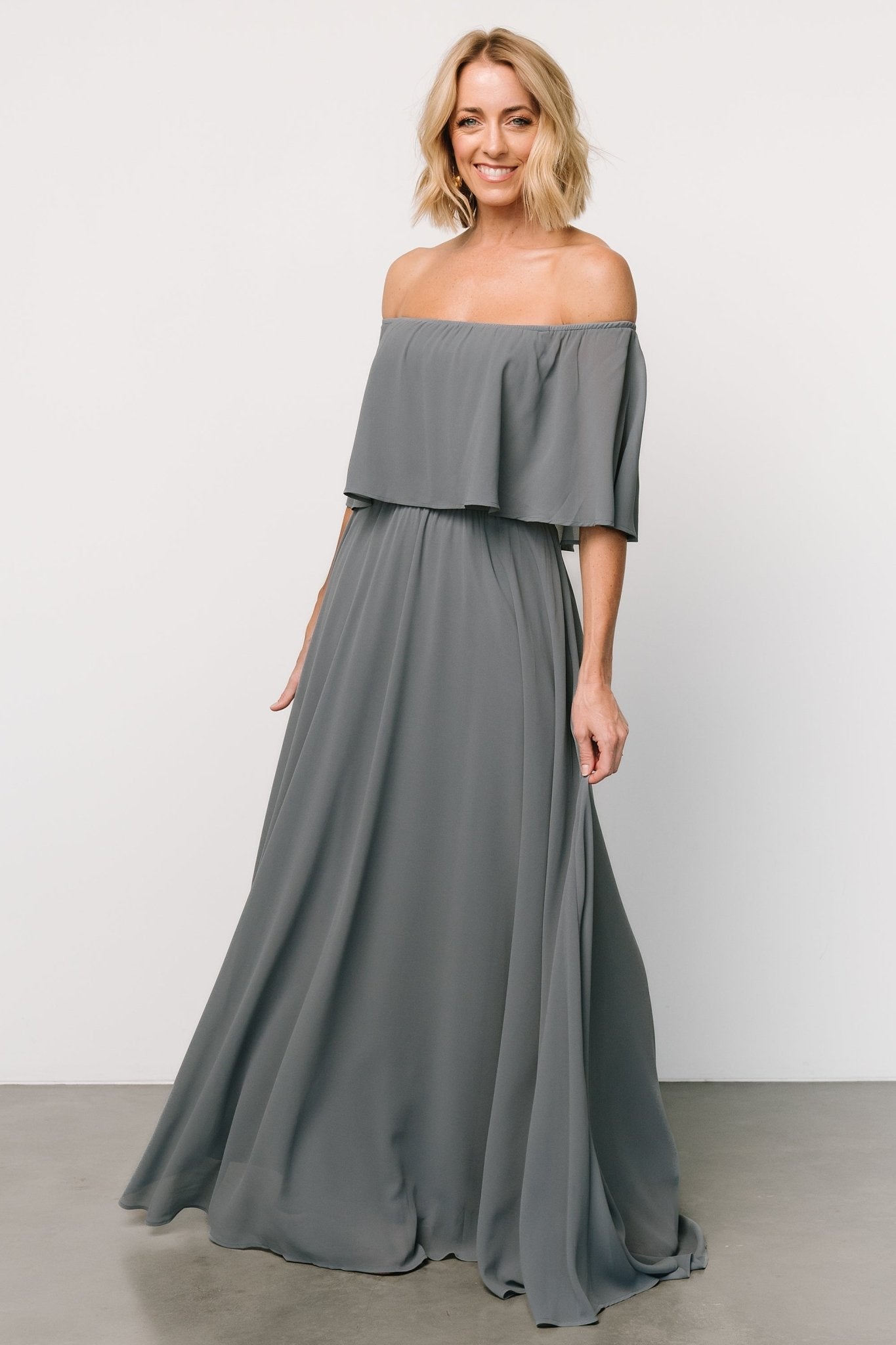 muted blue maxi dress The Taylor in Colony 4XL line skirt Subtle defined waistband Concealed zip closure at back Partial lining for comfort Available in sizes XS to 4XL FAQ about Eva USA 3440 Long Halter Formal Chiffon Bridesmaids Dress What fabric is the Eva USA 3440 made from Blue Maxi Dresses | Hello