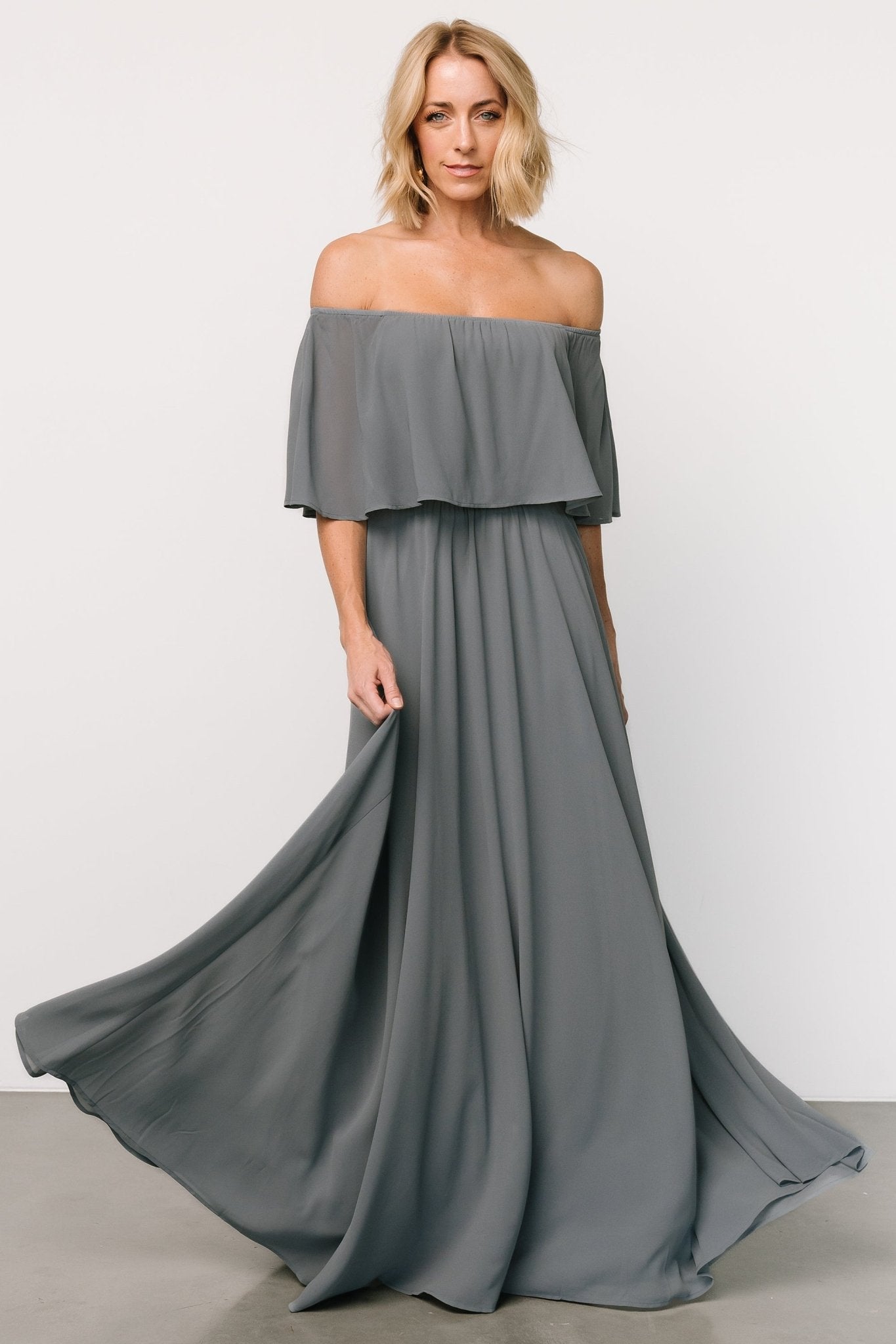 blue off shoulder maxi dress Off-the-shoulder Long A-Line Prom with Corset Black / Medium catching draped detail at the neckline Krystal Off Shoulder Maxi Dress