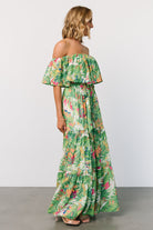 Close-up of tropical print and fabric texture on Sonoma dress, highlighting bright multicolor foliage and lightweight polyester weave.