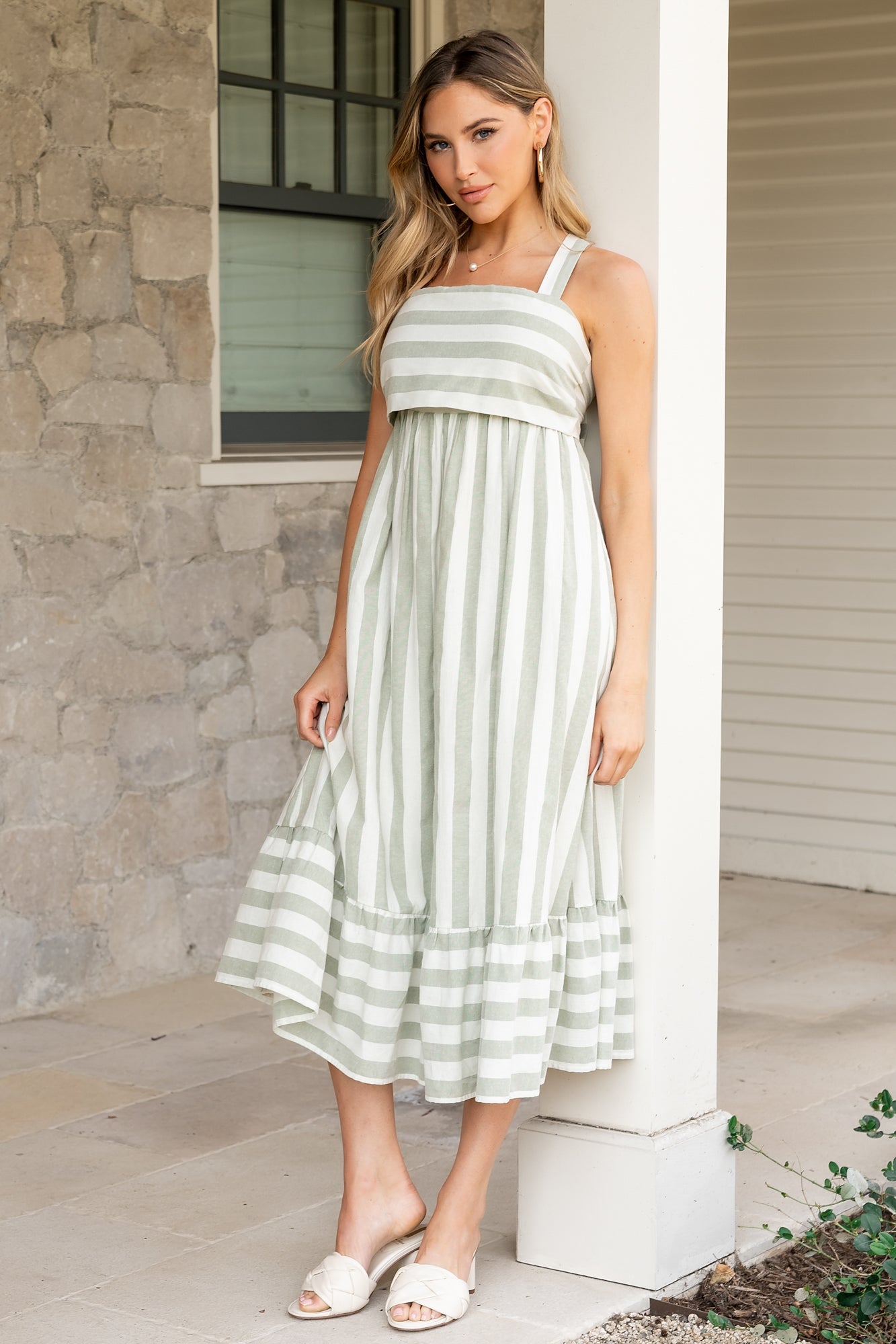 Baltic Born Womens Soren Tie Back Dress | Sage Stripe