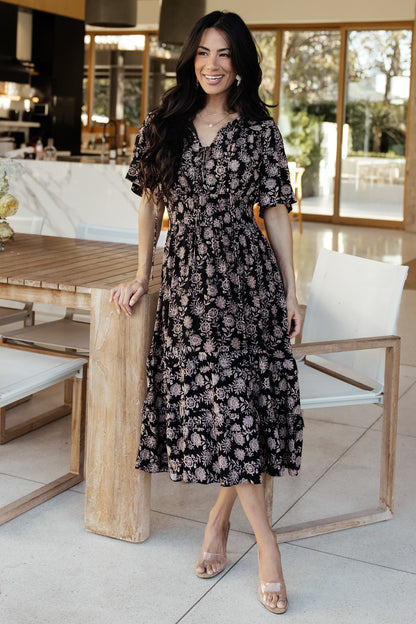 Spell Boho Midi Dress | Black + Taupe Floral - Baltic Born