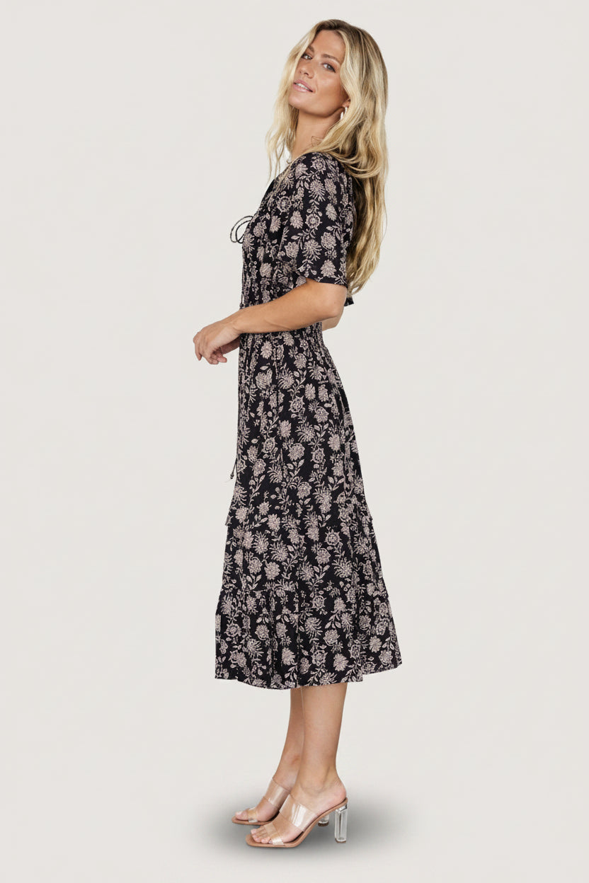 Spell Boho Midi Dress | Black + Taupe Floral