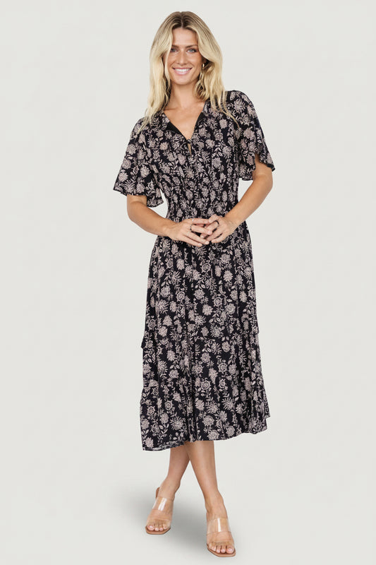 Spell Boho Midi Dress | Black + Taupe Floral
