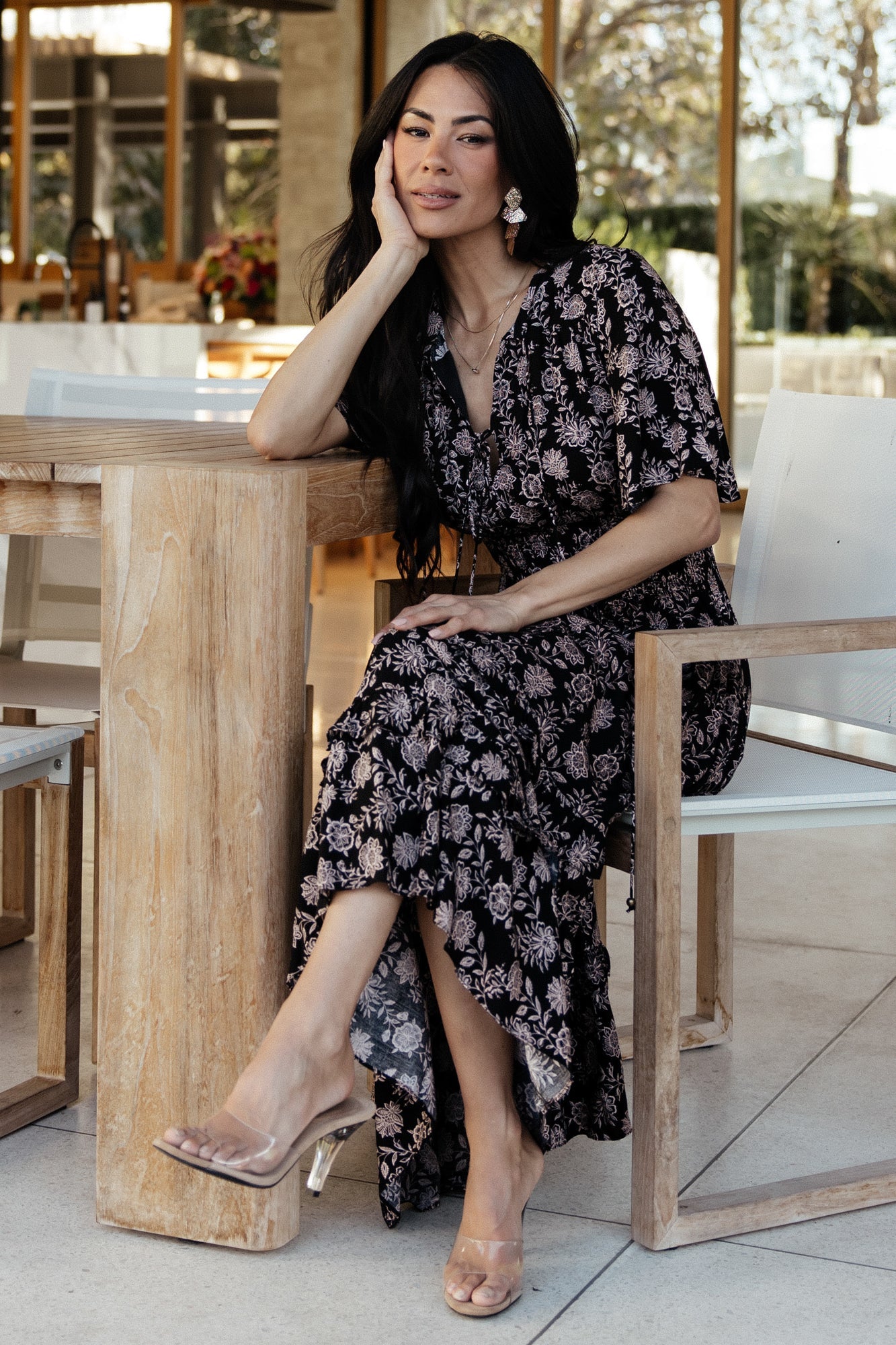 Spell Boho Midi Dress — Black & Taupe Floral
