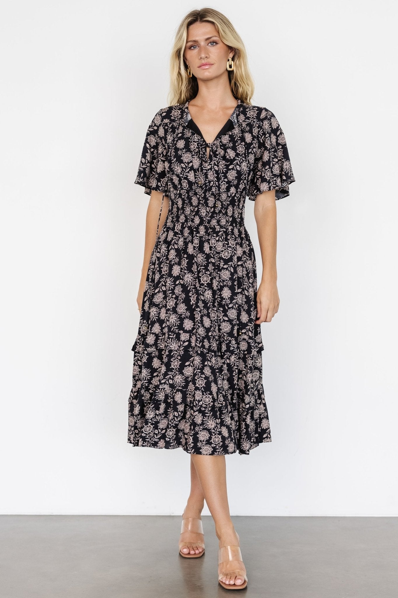 Spell Boho Midi Dress | Black + Taupe Floral - Baltic Born