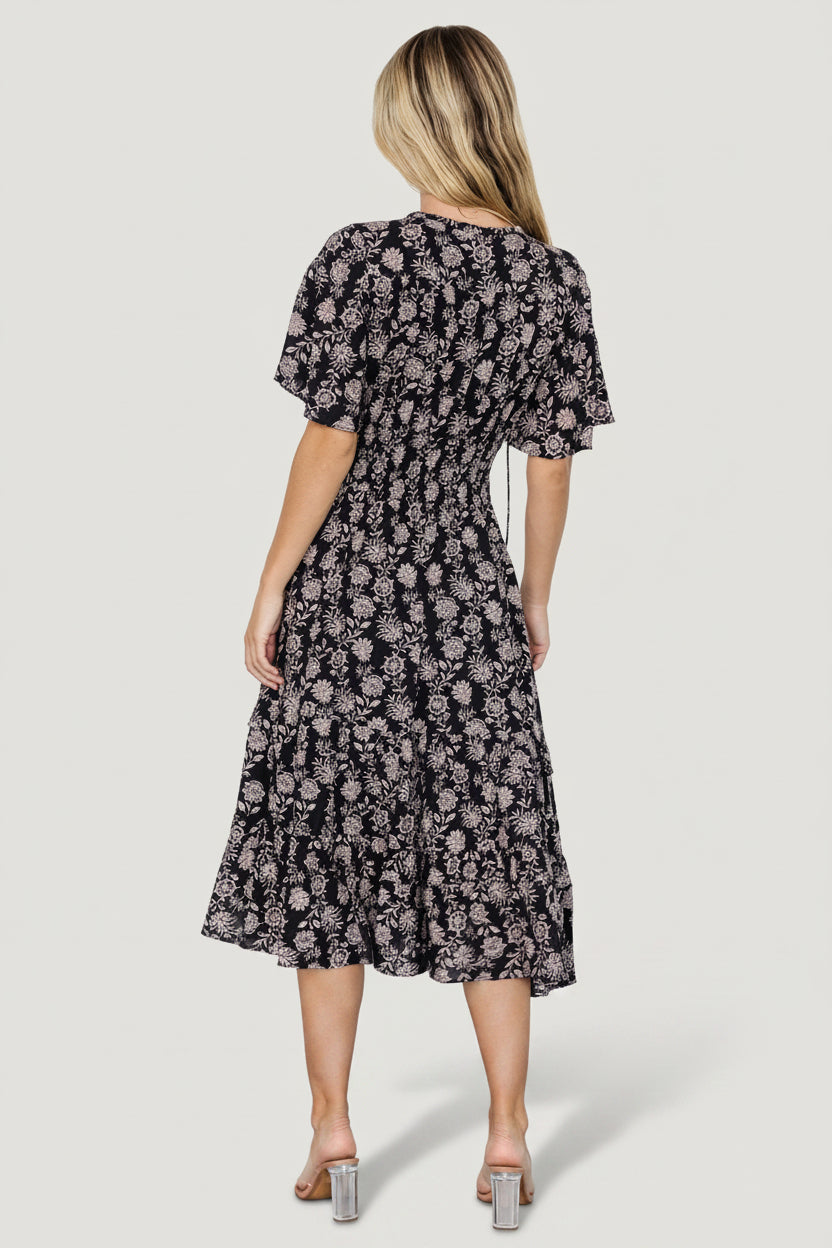 Spell Boho Midi Dress | Black + Taupe Floral