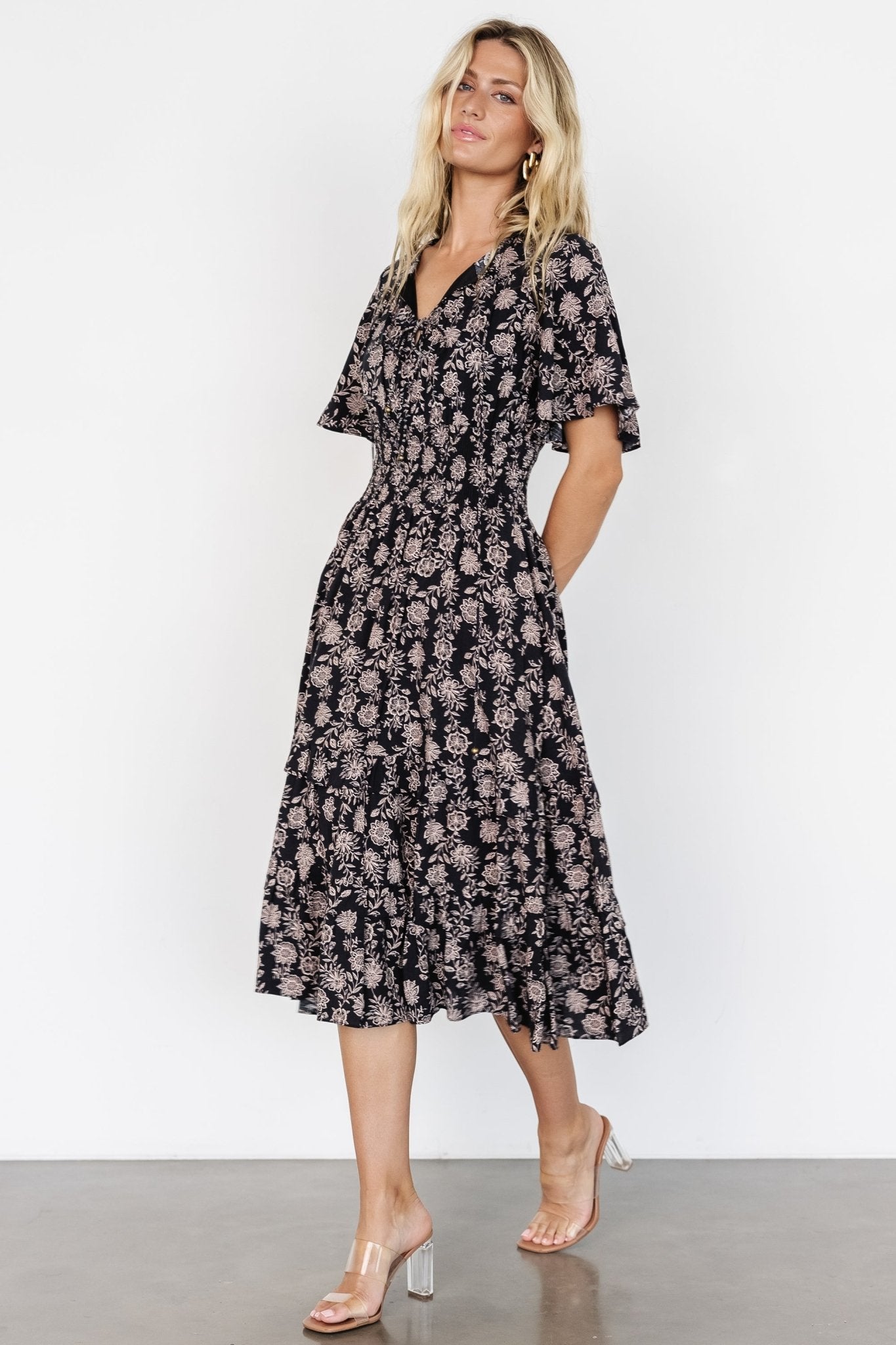 Spell Boho Midi Dress | Black + Taupe Floral - Baltic Born