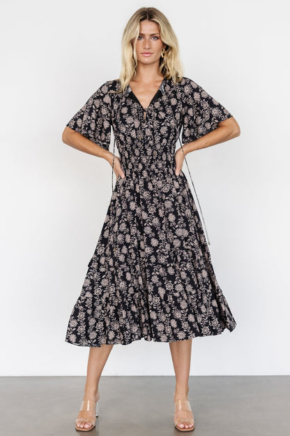 Spell Boho Midi Dress | Black + Taupe Floral - Baltic Born