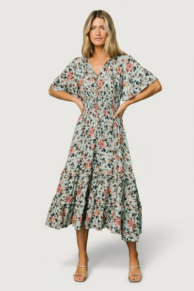 Baltic Born Womens Spell Boho Midi Dress | Sage + Pink Floral | Size: XS