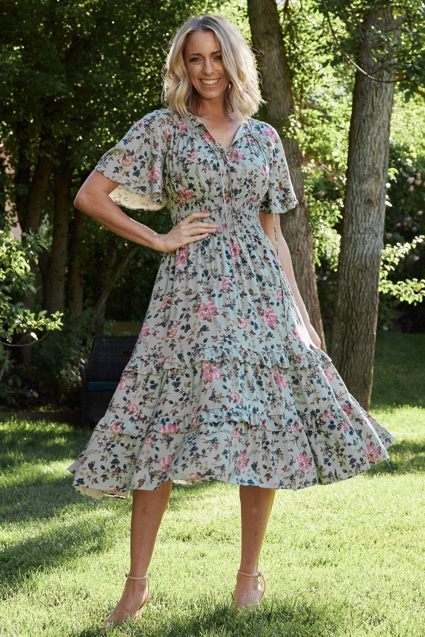 pink floral midi dress with sleeves Anne Klein Printed Wrap Fabric Stretch Love Found Fuchsia Pink Floral