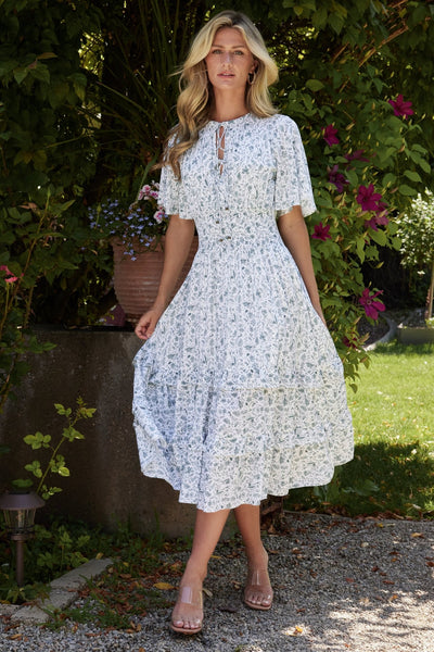 White linen boho dress.With green shops decoration.More color.