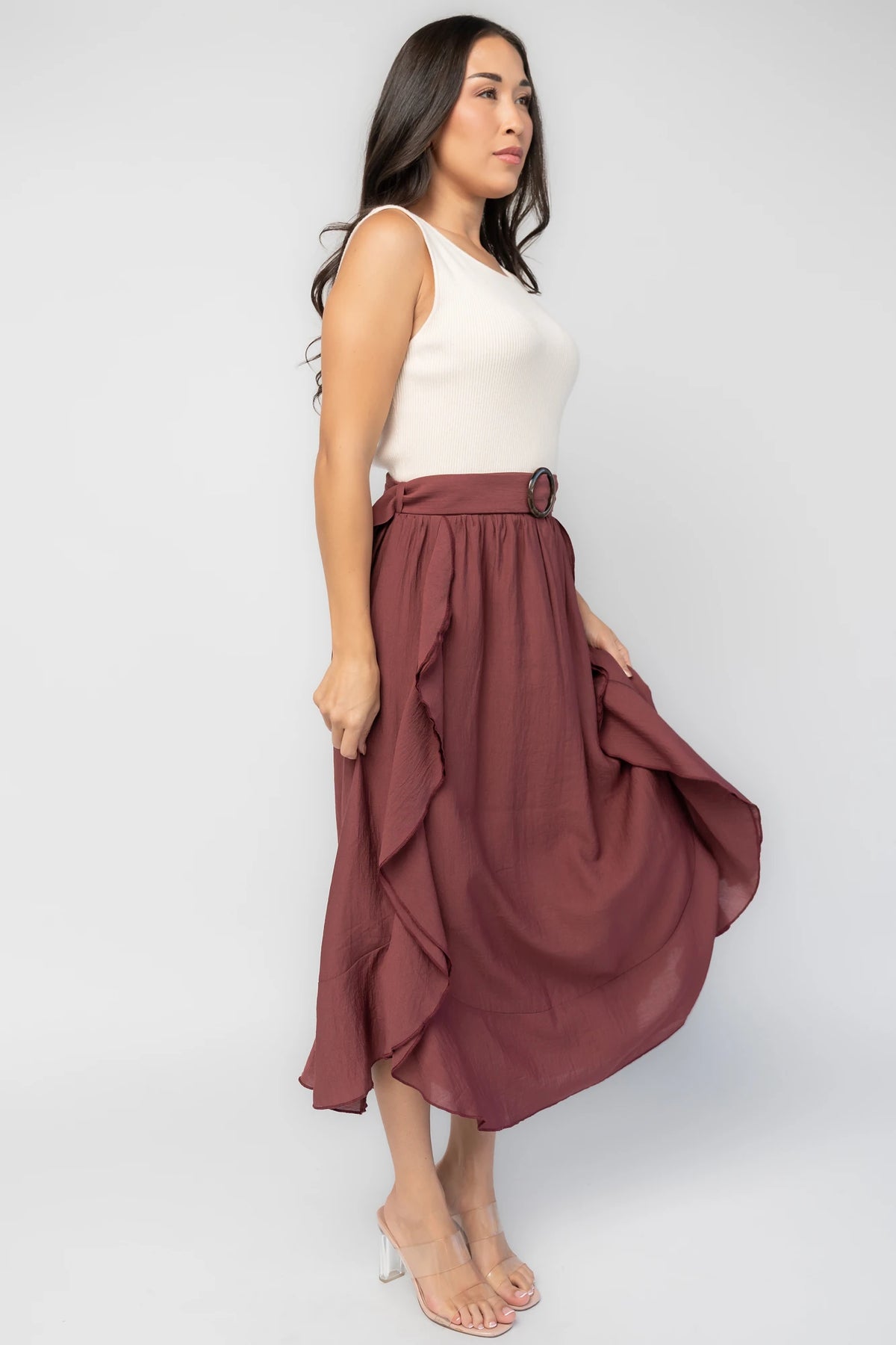 Stacy Midi Dress in Ivory + Mahogany with ribbed knit bodice, scoop neckline, waist sash, and flowing midi skirt.