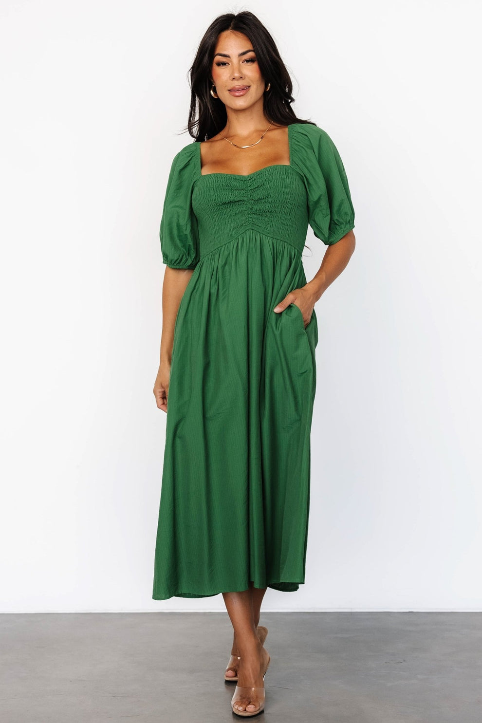 Stefania Smocked Midi Dress — Green Chiffon