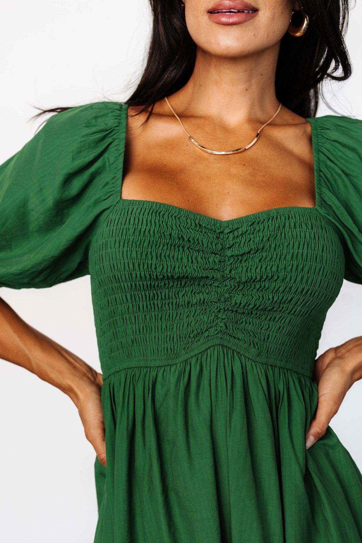 Stefania Smocked Midi Dress — Green Chiffon