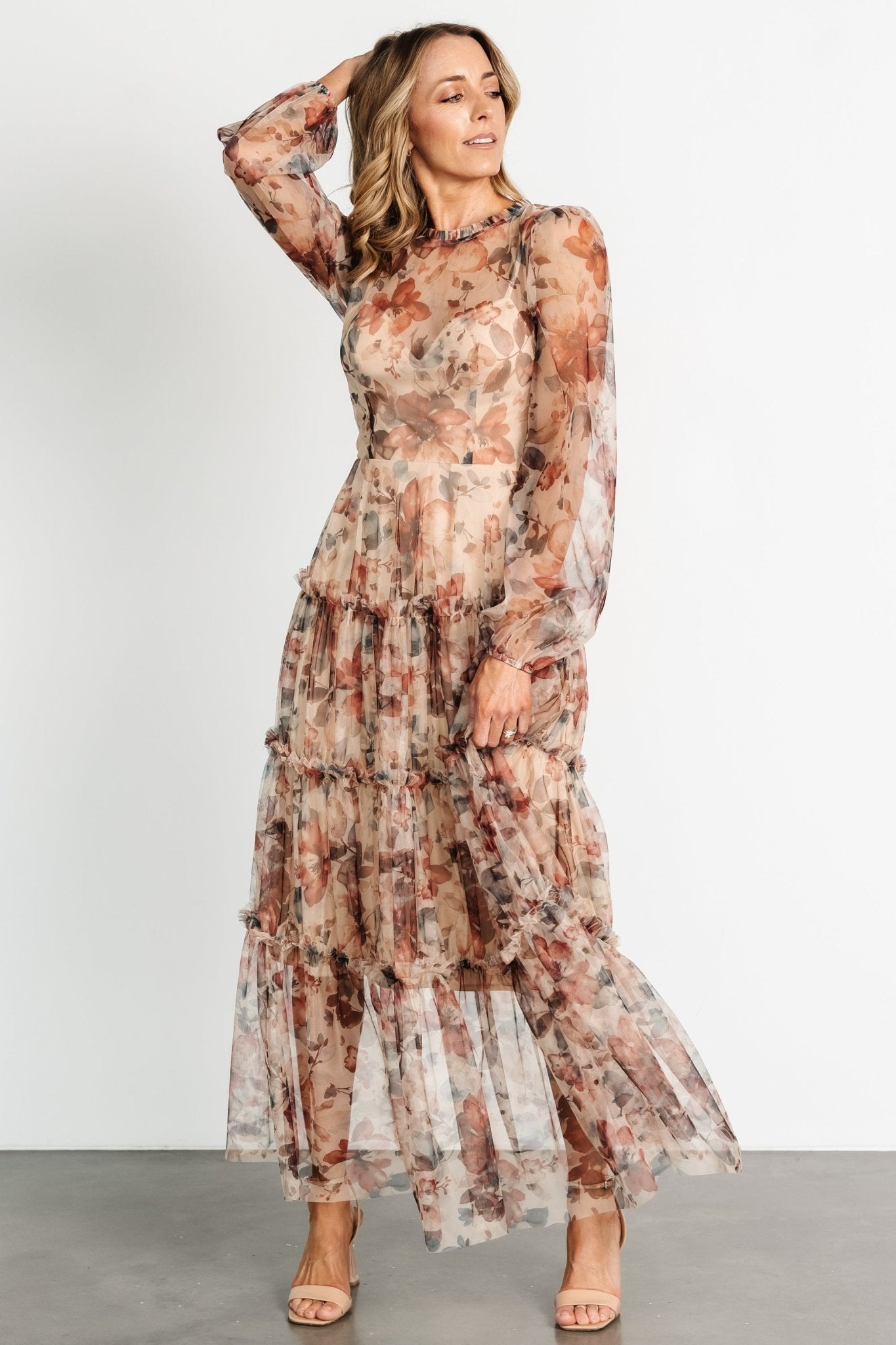 Stephanie Tiered Maxi Dress | Taupe Floral - Baltic Born