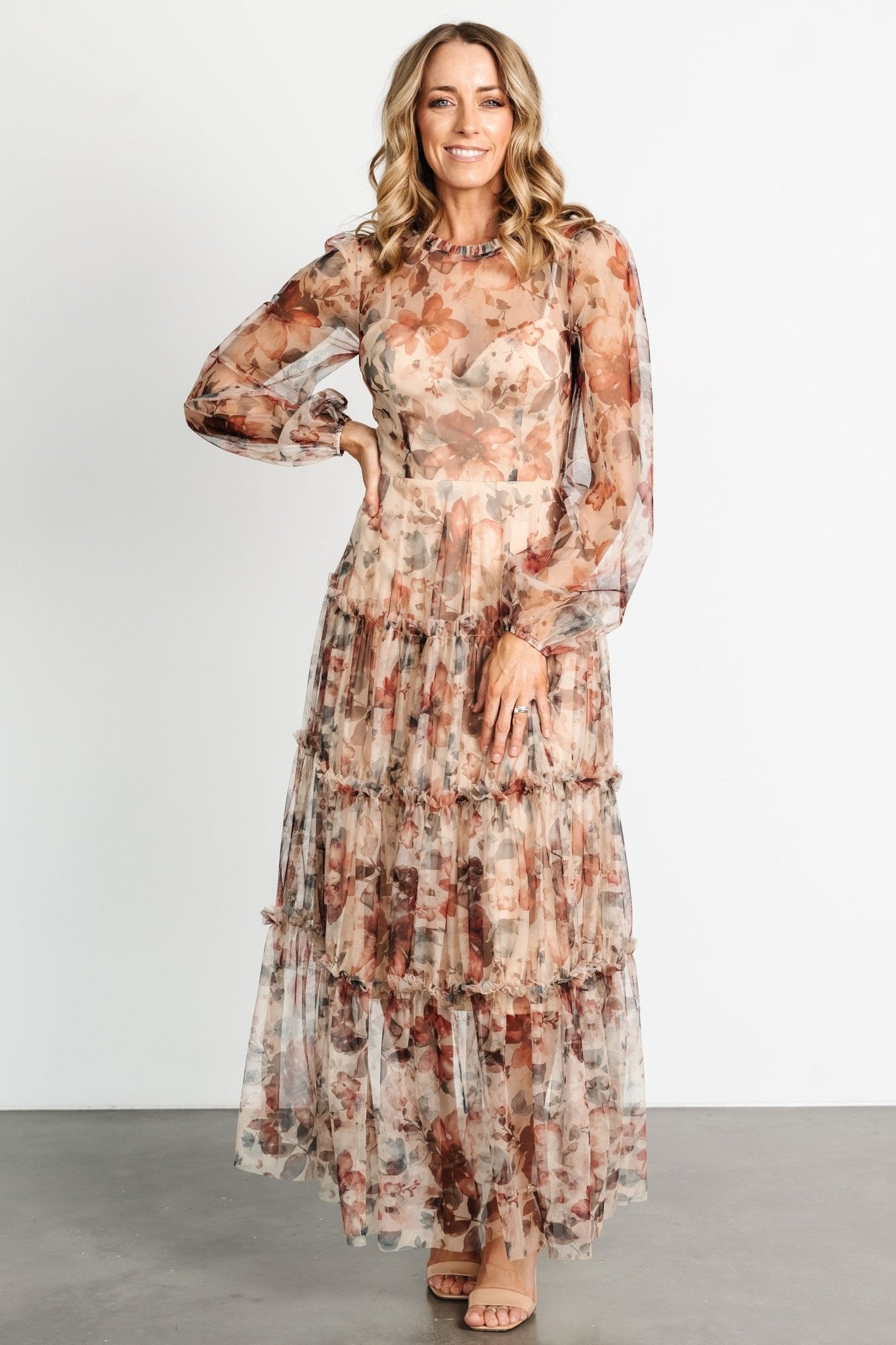 Stephanie Tiered Maxi Dress | Taupe Floral - Baltic Born