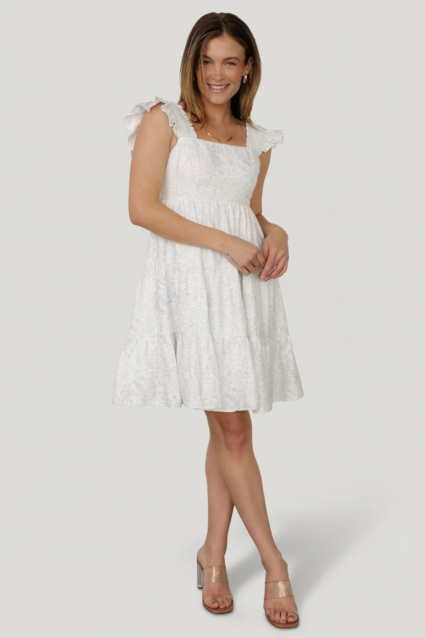 Baltic Born Womens Suri Short Dress | Off White + Blue Floral