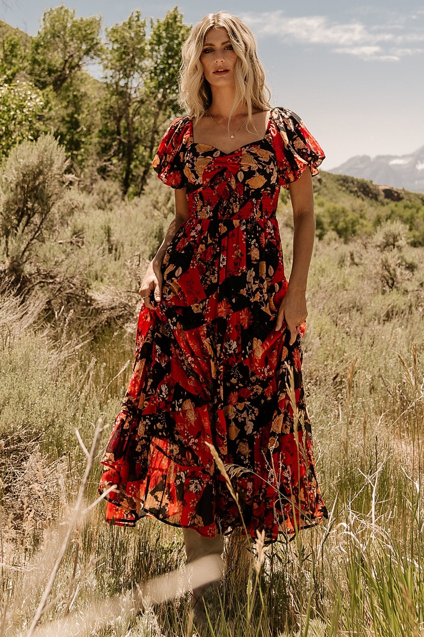 Baltic Born Womens Suzy Maxi Dress | Black + Red Multi