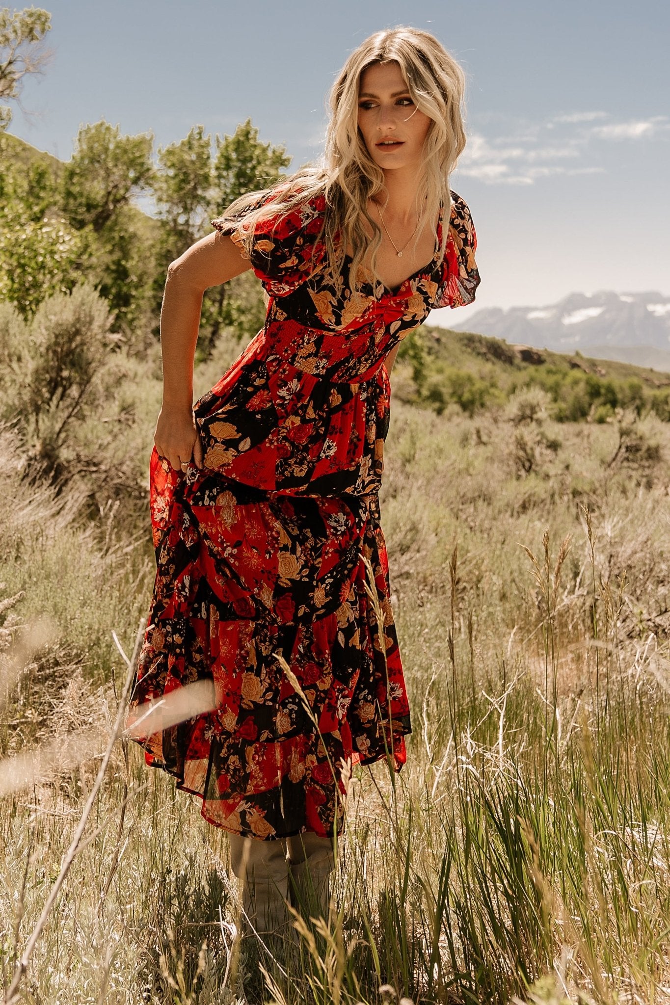 Baltic Born Womens Suzy Maxi Dress | Black + Red Multi