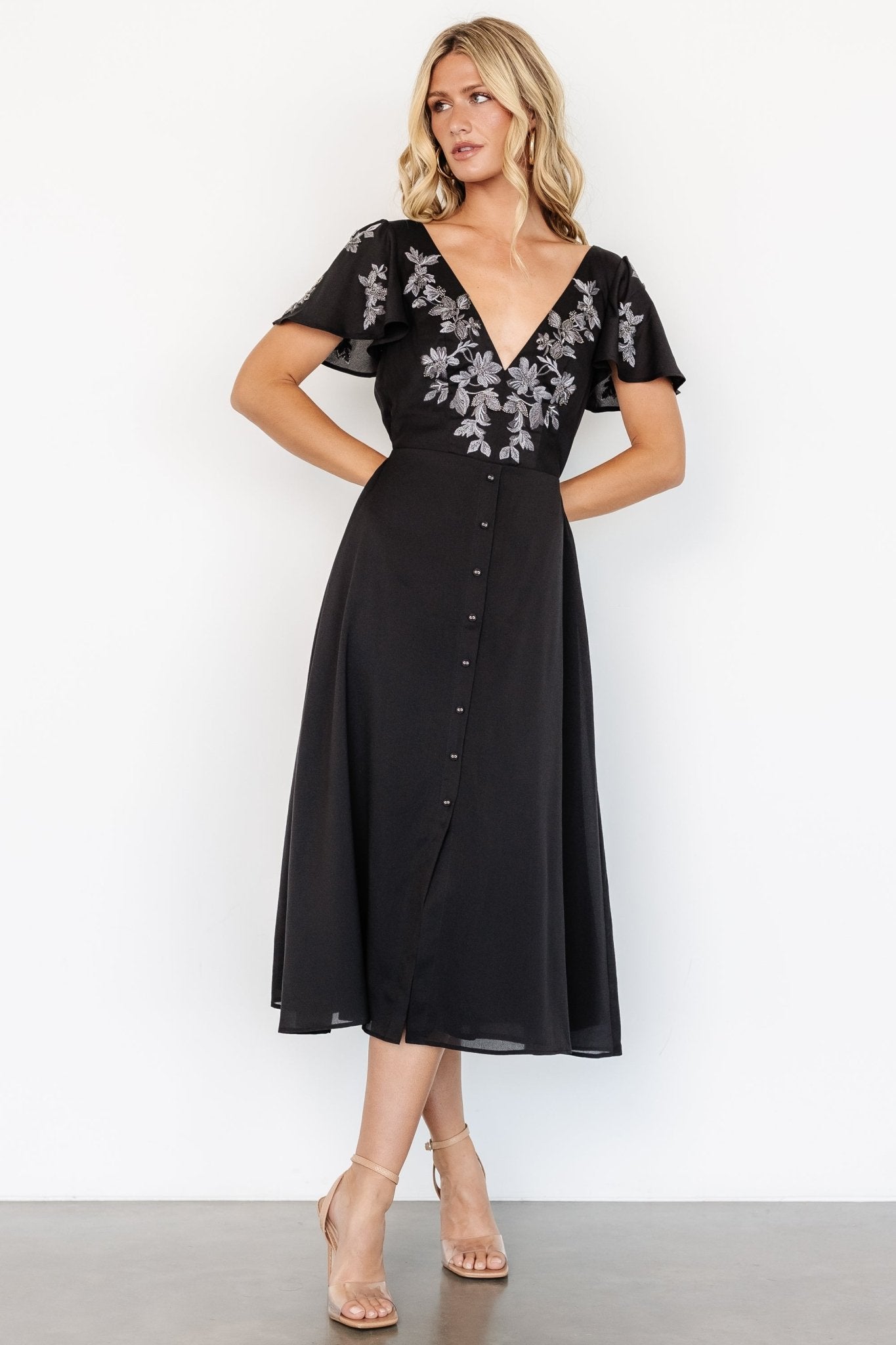 Swan Bead Embroidered Midi Dress | Black - Baltic Born