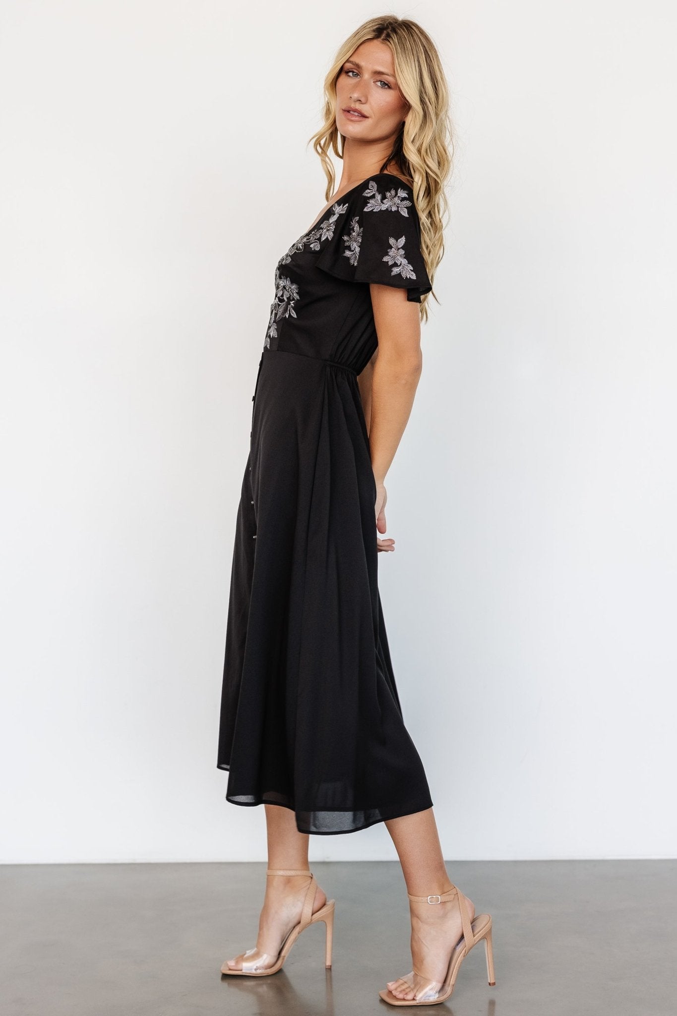 Swan Bead Embroidered Midi Dress | Black - Baltic Born