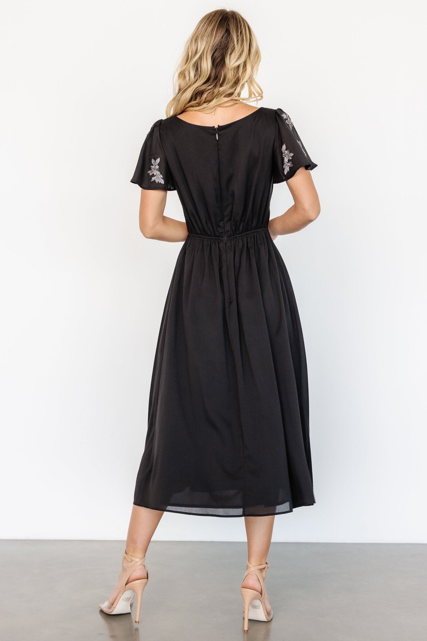 Swan Bead Embroidered Midi Dress | Black - Baltic Born