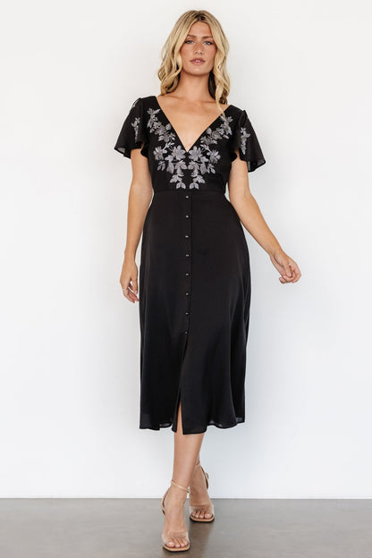 Swan Bead Embroidered Midi Dress | Black - Baltic Born