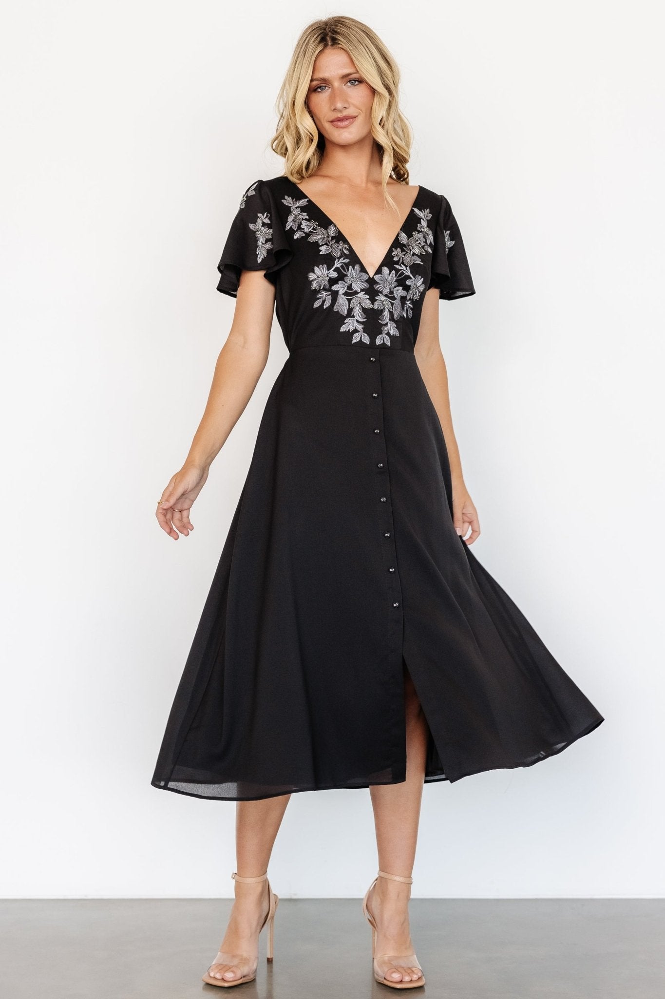 Swan Bead Embroidered Midi Dress | Black - Baltic Born