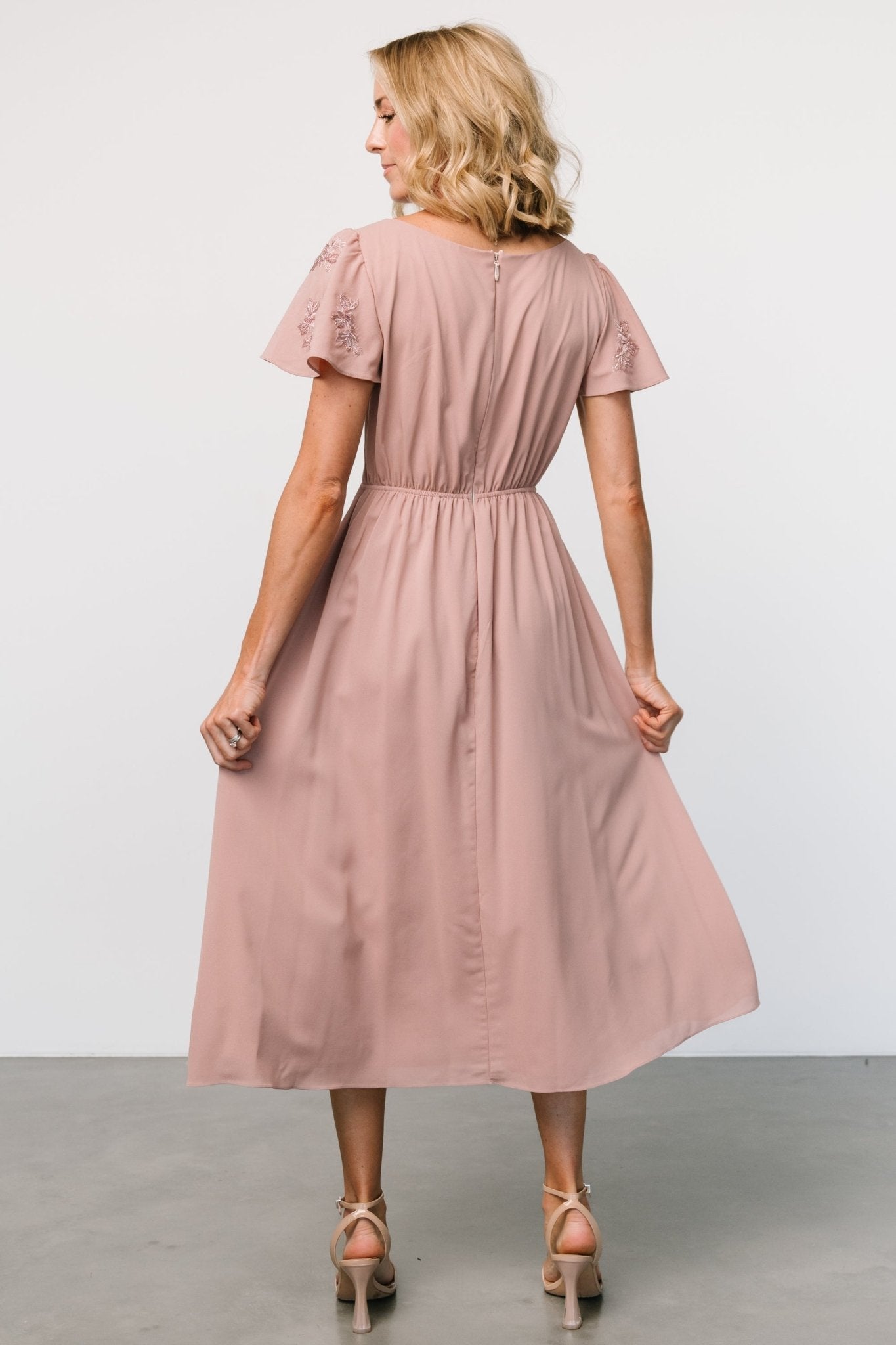 Swan Bead Embroidered Midi Dress | Dusty Rose - Baltic Born