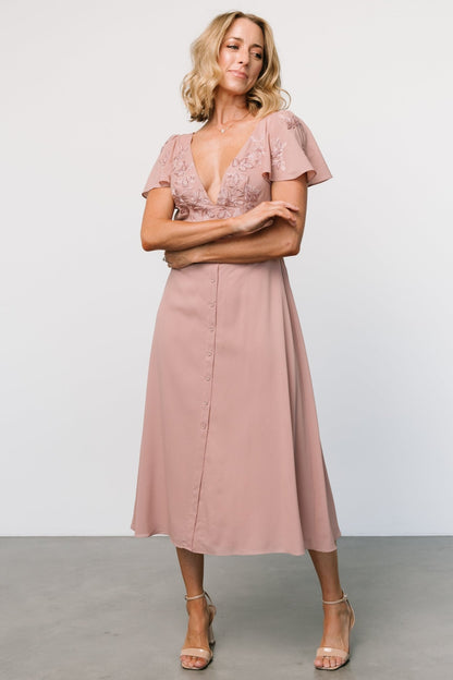 Swan Bead Embroidered Midi Dress | Dusty Rose - Baltic Born