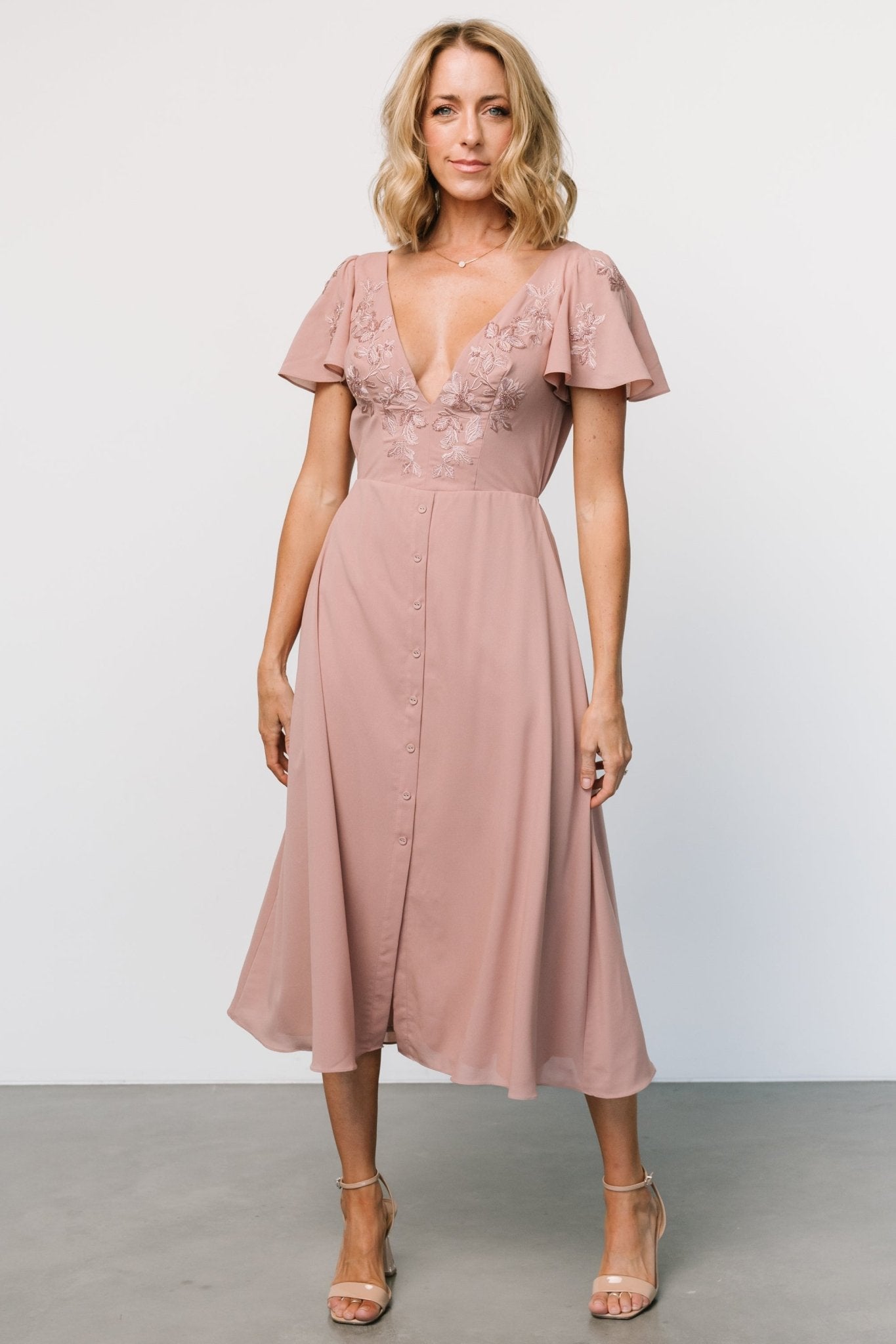 Swan Bead Embroidered Midi Dress | Dusty Rose - Baltic Born