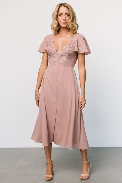 Swan Bead Embroidered Midi Dress | Dusty Rose - Baltic Born