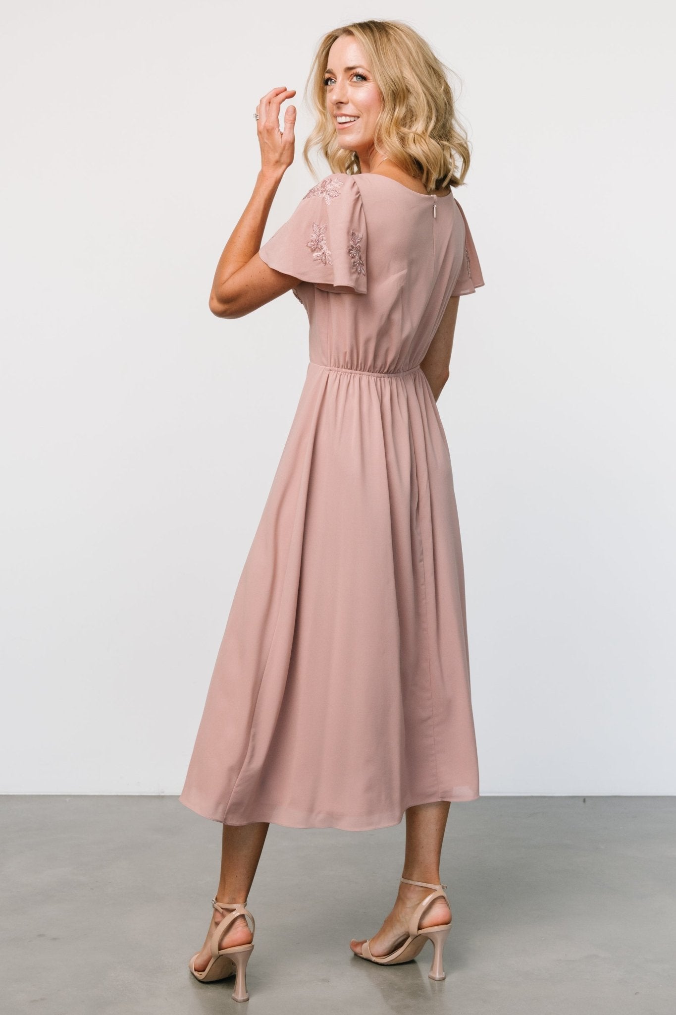 Swan Bead Embroidered Midi Dress | Dusty Rose - Baltic Born