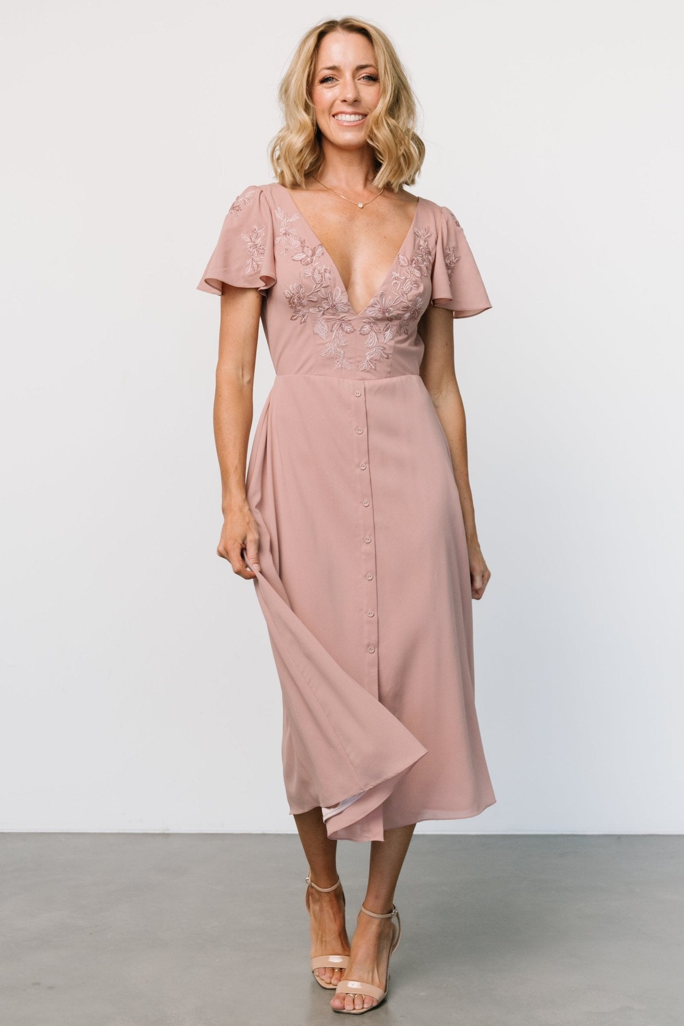 Swan Bead Embroidered Midi Dress | Dusty Rose - Baltic Born