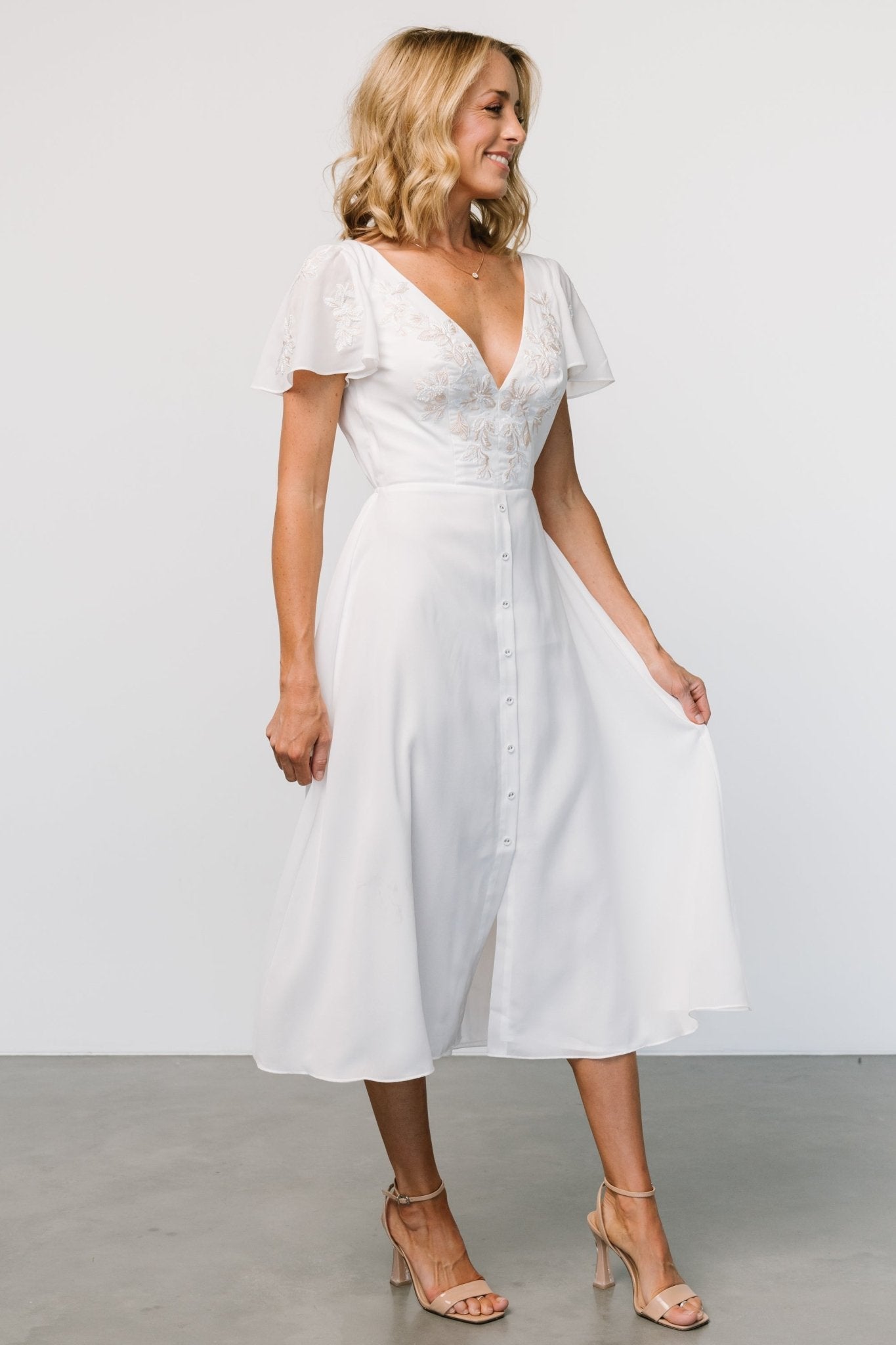 Swan Bead Embroidered Midi Dress | Off White - Baltic Born