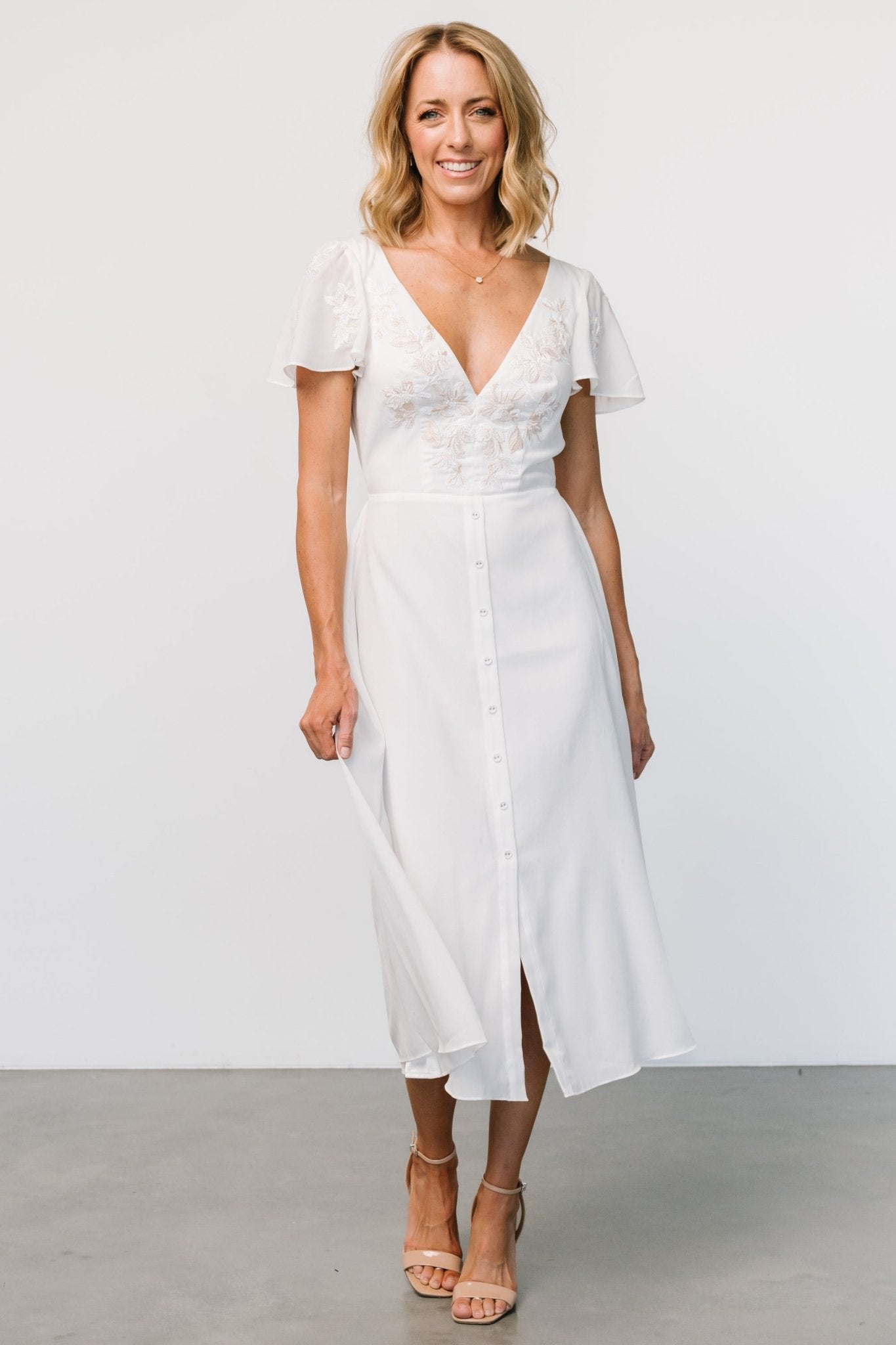 Swan Bead Embroidered Midi Dress | Off White - Baltic Born