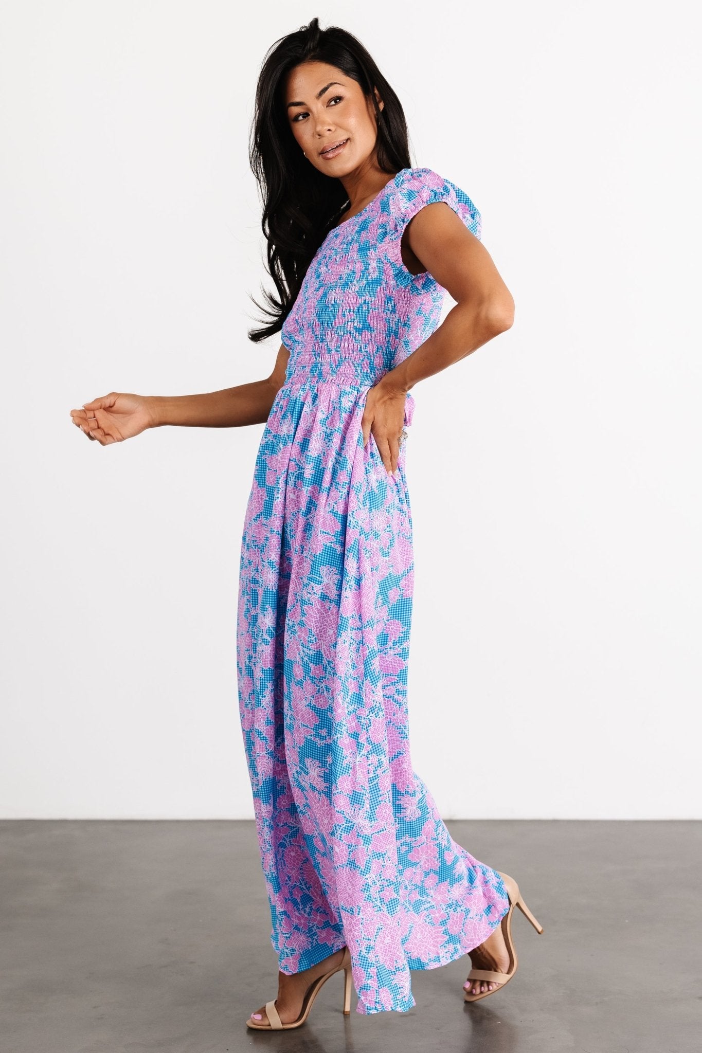 Baltic Born Womens Tabitha Open Back Maxi Dress | Blue + Pink