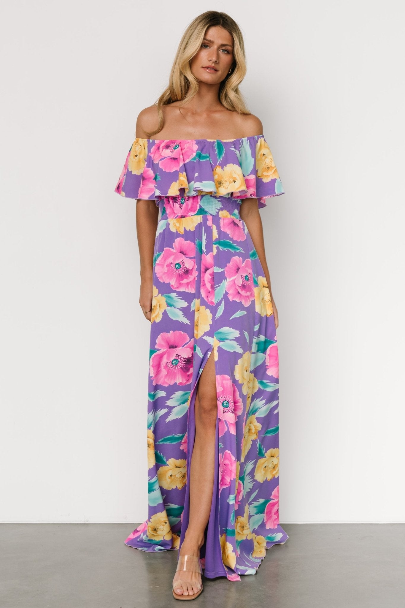 Talia Off Shoulder Maxi Dress | Purple Floral - Baltic Born