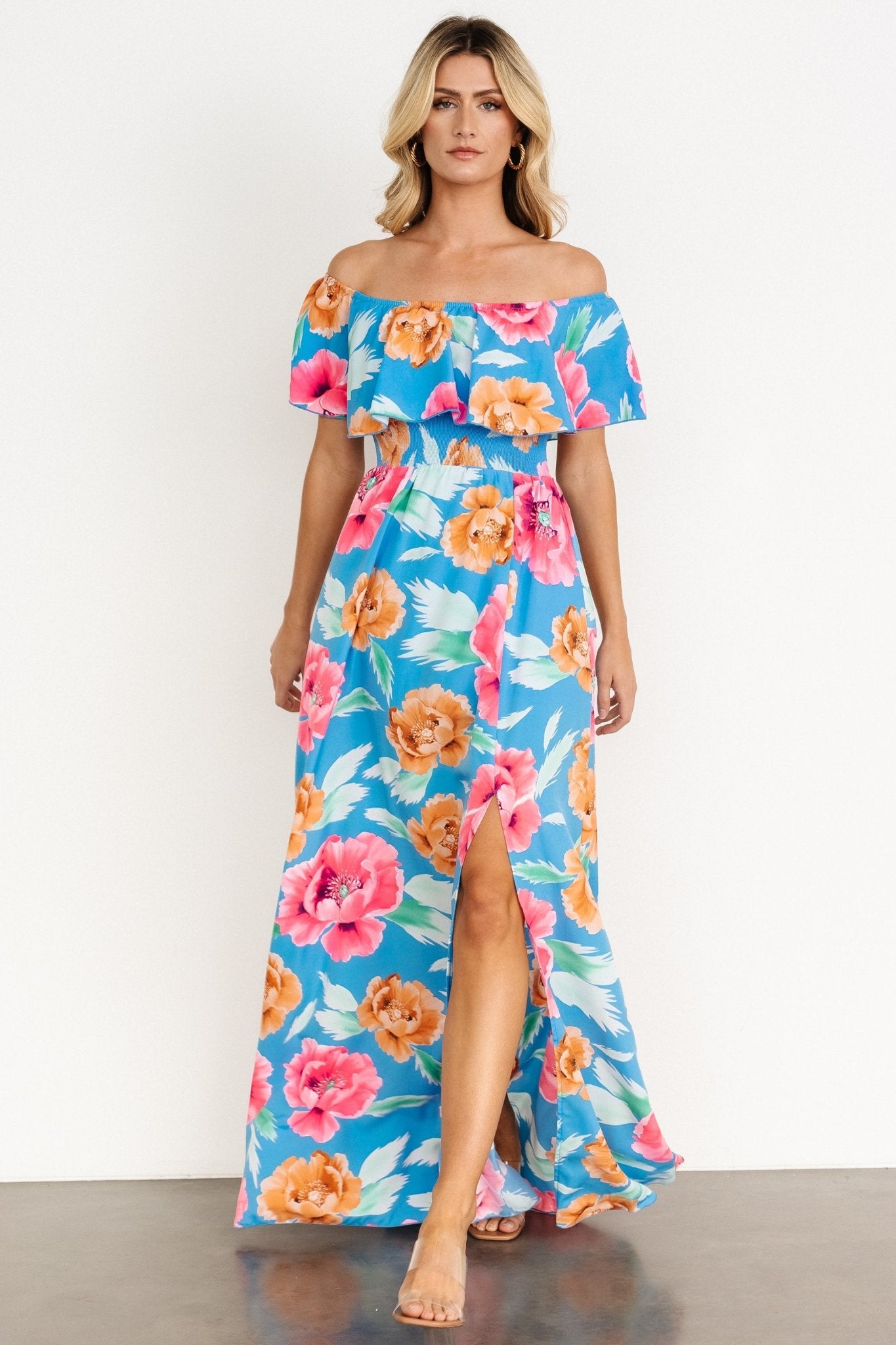 Talia Off Shoulder Maxi Dress | Sea Blue Floral - Baltic Born