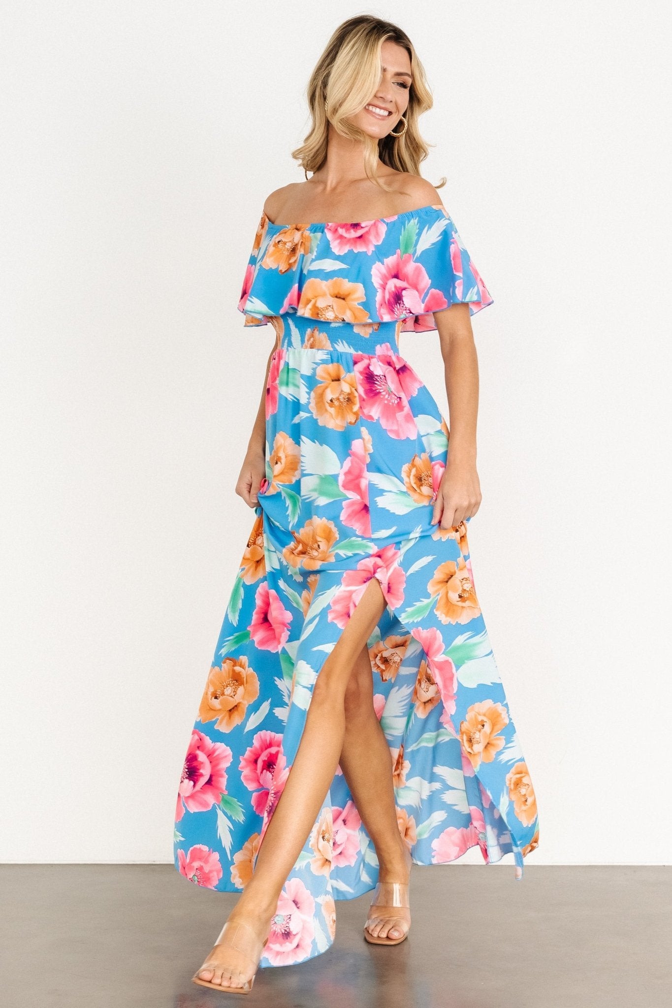 Talia Off Shoulder Maxi Dress | Sea Blue Floral - Baltic Born