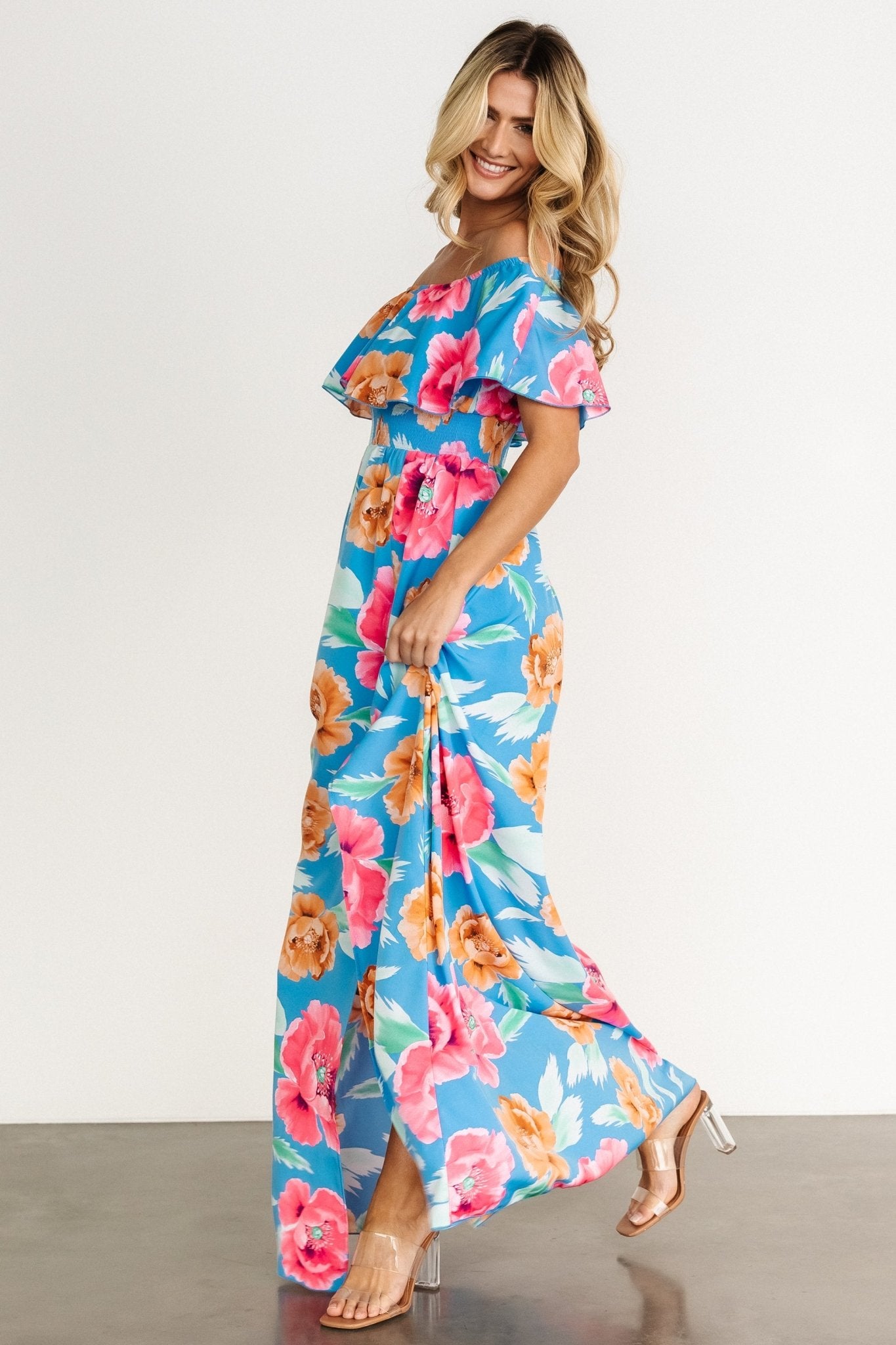 Talia Off Shoulder Maxi Dress | Sea Blue Floral - Baltic Born