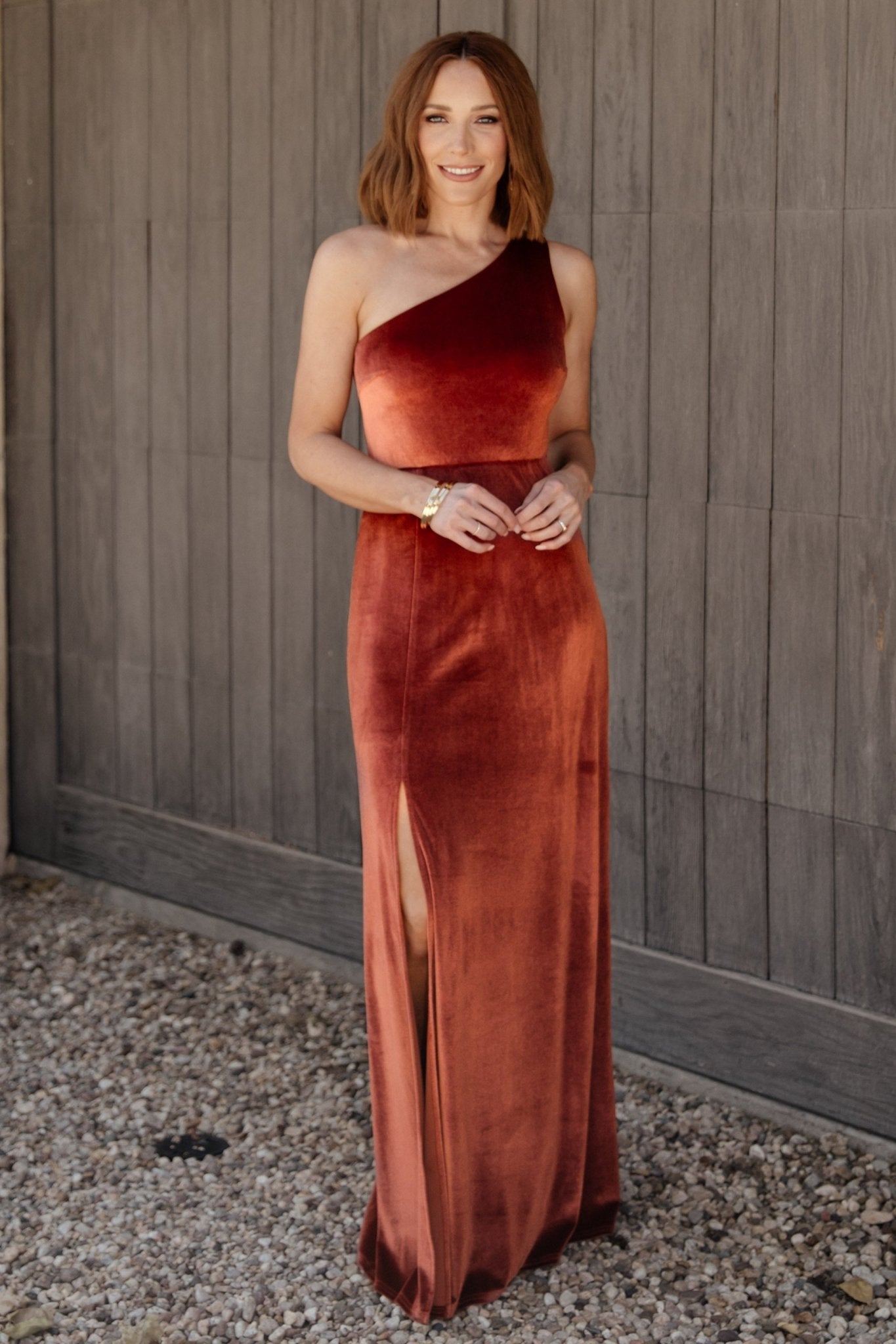 Tatiana Velvet One Shoulder Maxi Dress | Cinnamon - Baltic Born